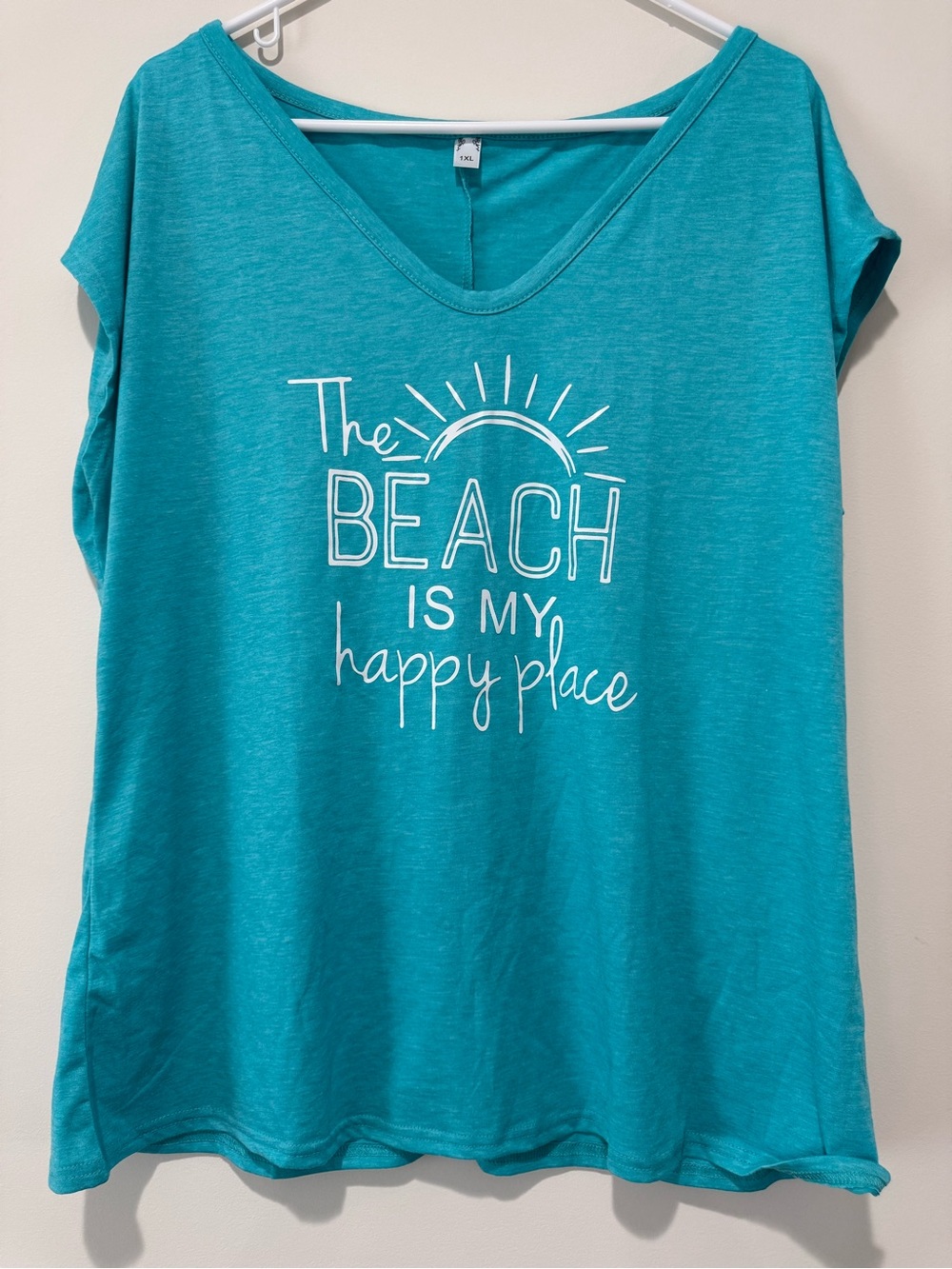 Women’s Teal V-Neck Graphic Tee - The Beach Is My Happy Place